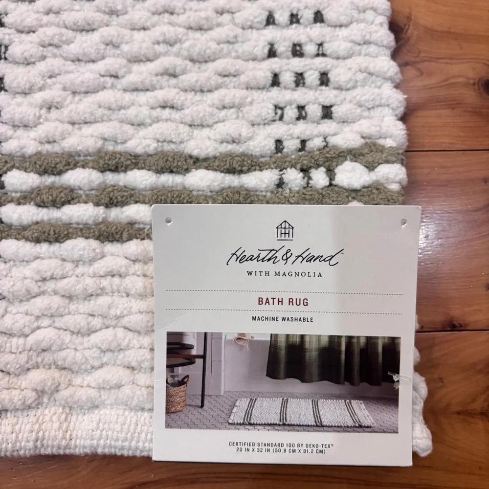 Hearth & Hand Cream and pale olive green open plaid Bath Rug machine washable